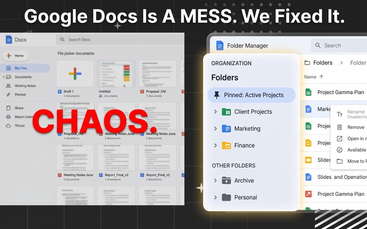 Folder Manager for Google Docs smart sidebar and active document tracking preview